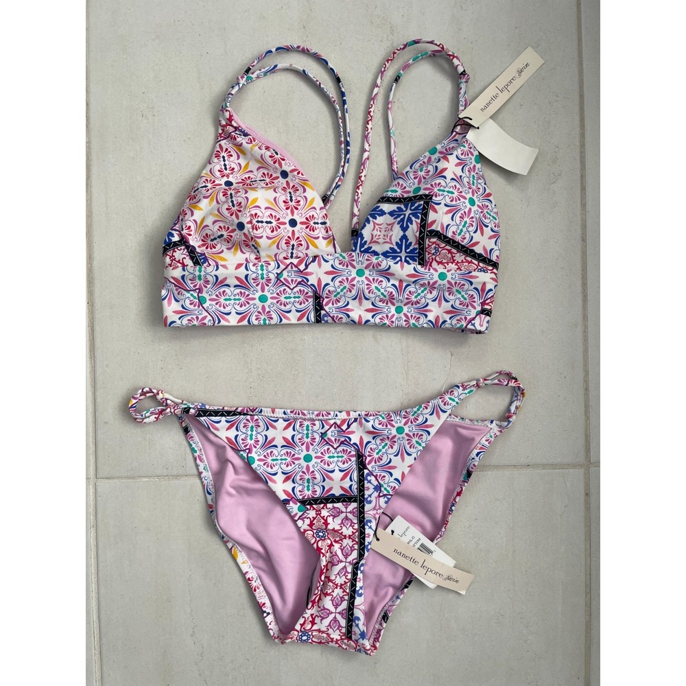 Nanette Lepore Swim Women 8 Bikini Set Patchwork Boho Coastal Beach Summer NWT